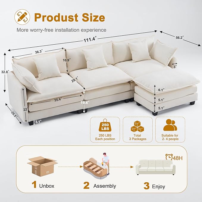 111.4" L-Shaped Cloud Chenille Sectional with Reversible Chaise, Flexible 3+1 Layout for Large Spaces, Deep Seat and Free Pillows Included