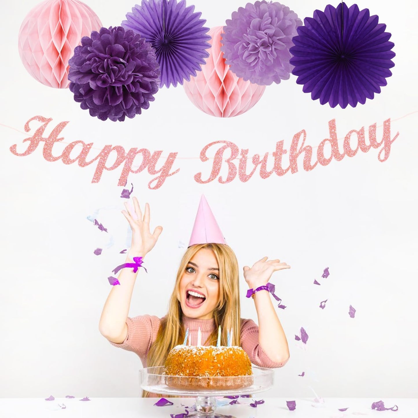 Purple Pink Birthday Party-Decorations Paper-Flowers - 14pcs Happy Banner Lavender Lanterns Tissue Pom Poms,Lilac Streamers Garland Fans Honeycomb,Women Girls Adult Kids Hanging Supplies Decor Hugfond