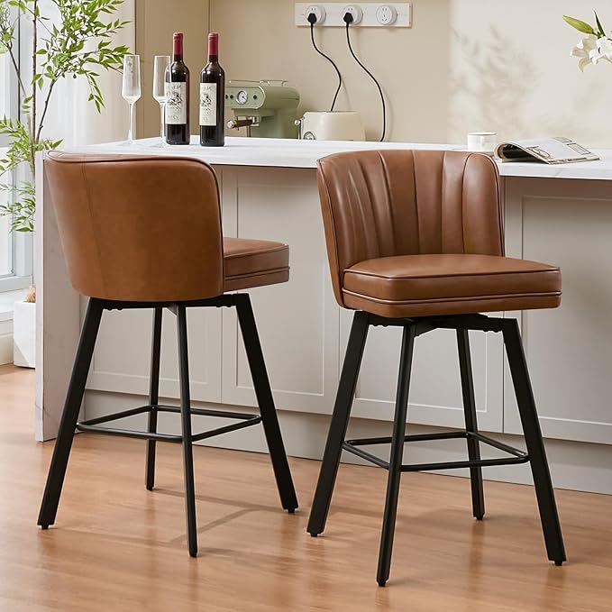 Swivel Counter Height Bar Stools Set of 4, 30'' Modern Barstools with Backs and Metal Legs, Upholstered Bar Chairs, Faux Leather Dark Brown Stools for Kitchen Island Chairs