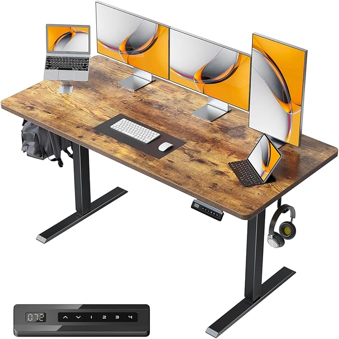 FEZIBO One-Piece Standing Desk Adjustable Height Stand up Home Office Desk, 55x24 Inch Electric Standing Computer Desk, with 4 Memory Presets, Headphone Hook, Rustic Brown