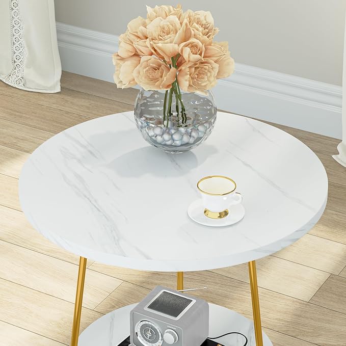 Tribesigns Faux Marble End Table, 2 Tier Round Side Table with Shelves, Modern Gold Nightstand Bedside Table Small Coffee Accent Table for Living Room Bedroom, White and Gold