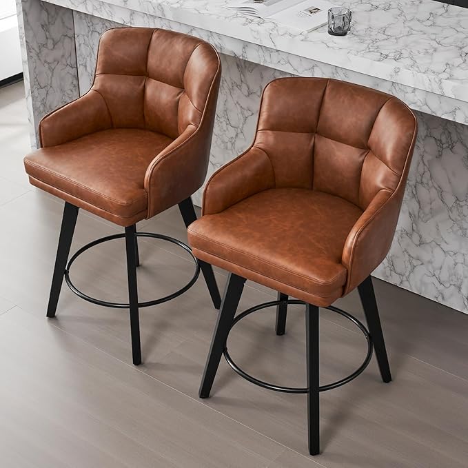 360°Swivel Counter Height Bar Stools with Back, 26 inch Solid Wood Legs, Bar Stool Modern Kitchen Island Chairs, Faux Leather (Brown- Faux Leather, 26" H- Set of 3)