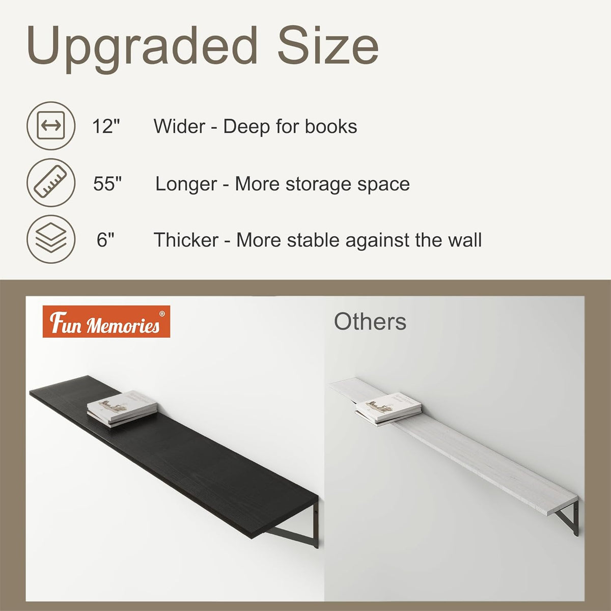 Fun Memories Deep Floating Shelves, 55W x 12D Floating Shelves for Wall, Wood Black Floating Shelf with Bracket, Wide Display & Storage Wall Shelves for Living Room, Bedroom,