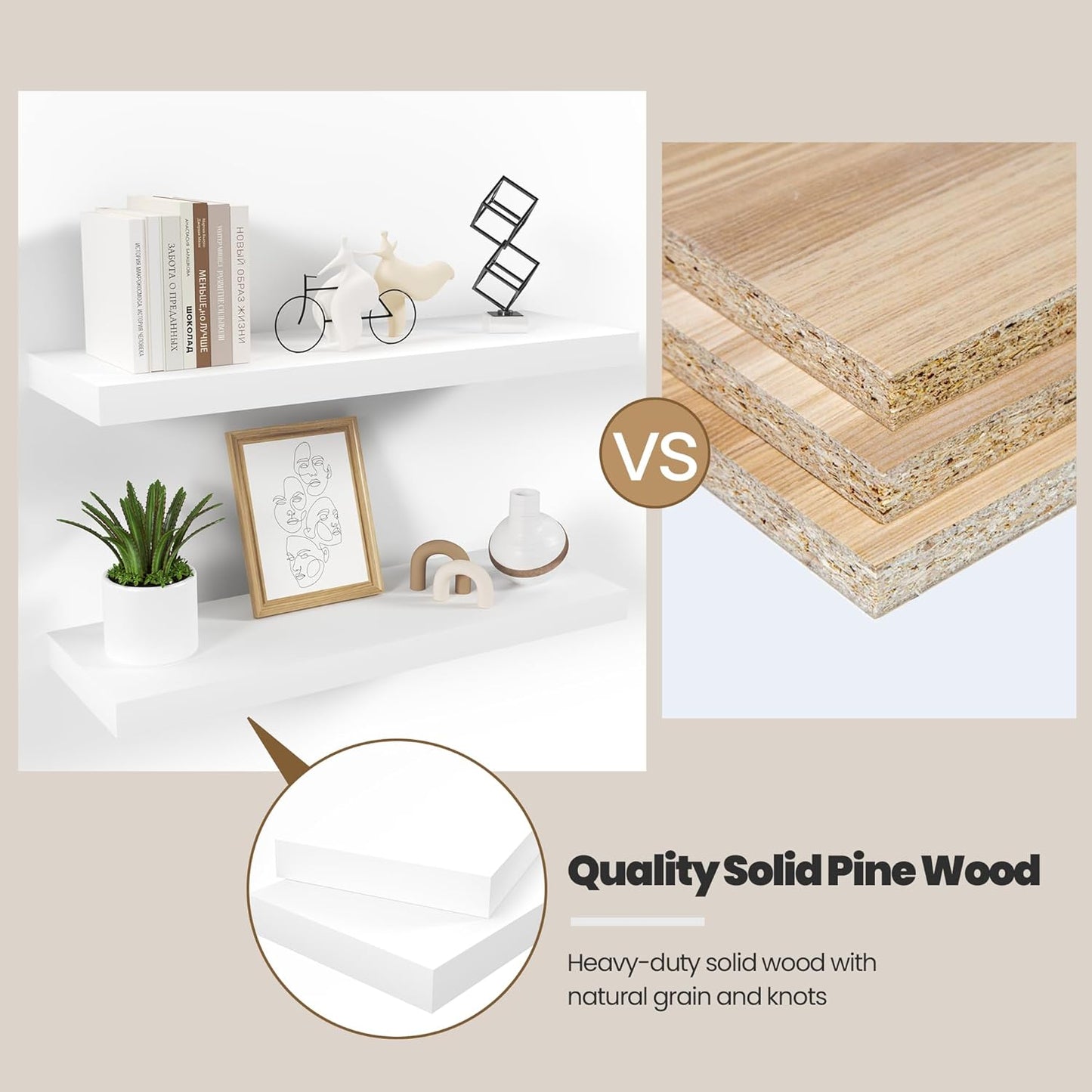 Floating Wood Shelves for Wall 16 Inches x 8”x 1.4” Shelf Floating Home Decor, Heavy Duty Shelf Hold 35 lbs, Wall Shelves for Bathroom Living Room Kitchen Bedroom Office - Set of 2 White