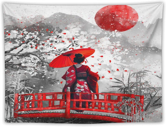 Japanese Red Geisha Tapestry Asian Cherry Blossom Red Sun Traditional Kimono Folk Tapestries Home Decor for Living Room Bedroom Apartment Farmhouse Dorm 40"x30"