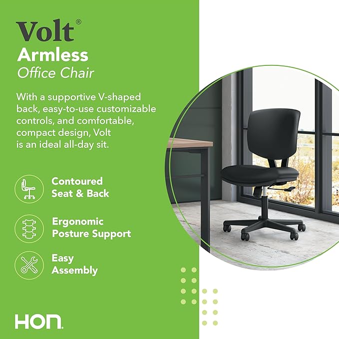 HON Volt Armless Chair, Ergonomic Adjustable Center-Tilt Recline, Leather Back and Seat, Swivel Desk Chairs Ergonomic, Black