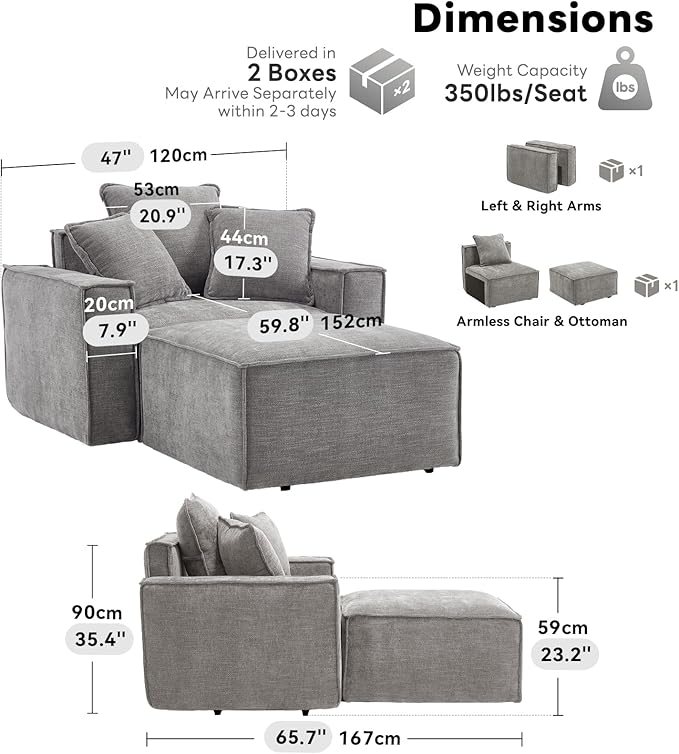 WILLOVE 47'' Single Sofa with Ottoman, Chenille Cloud Couch with Wide Armrests & 3 Pillows, Deep Seat Couches for Living Room, Grey