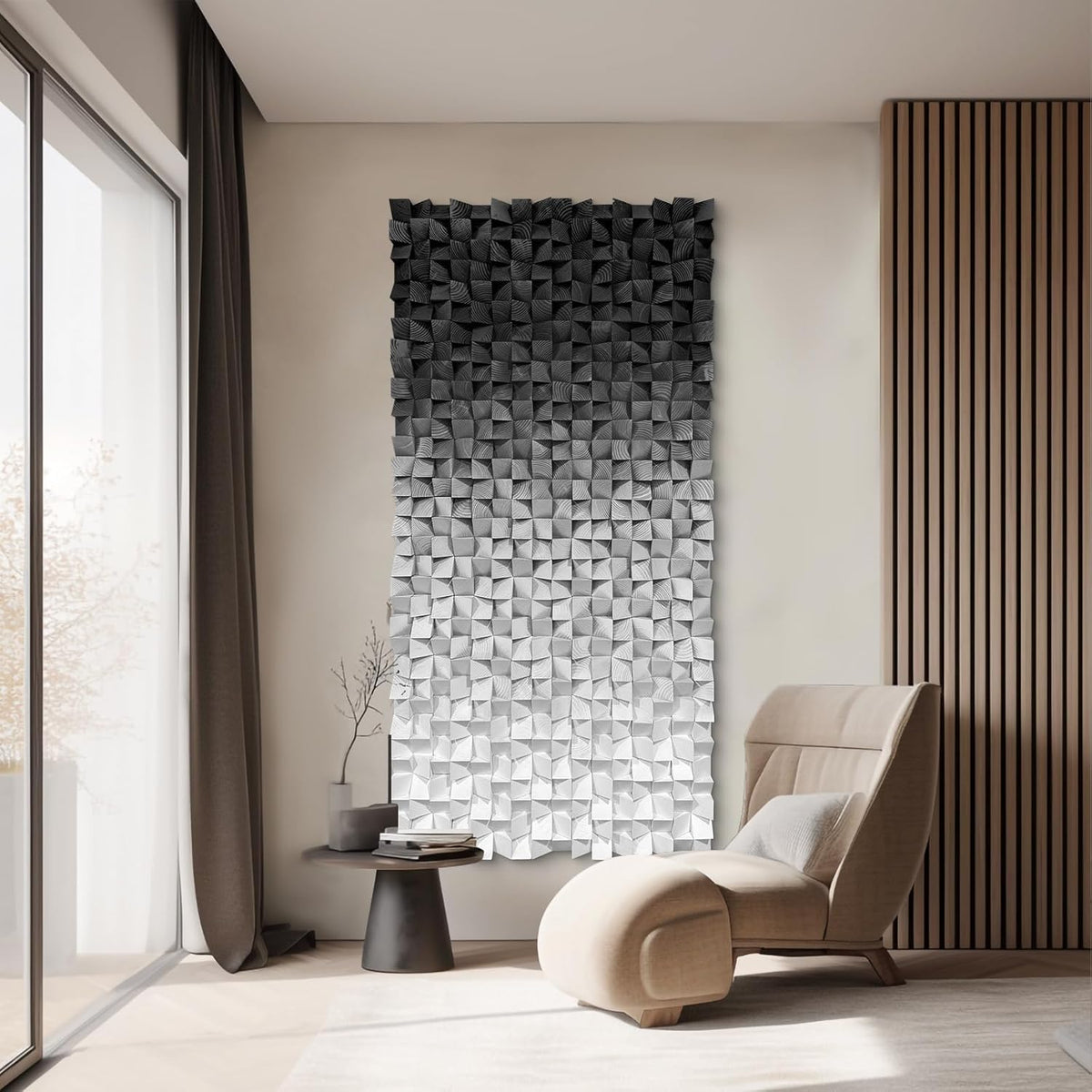 LIUZEYUE - Wooden Block Stereoscopic Painting Geometric Modeling Wall Decoration 3D Wooden Artwork Living Room Bedroom Background Wall Office Decoration Black and White Gradient 23.6 x 47.2 inches
