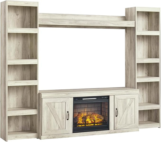 Signature Design by Ashley Bellaby Farmhouse 4-Piece Entertainment Center for TVs up to 69" with Electric Fireplace, Whitewash