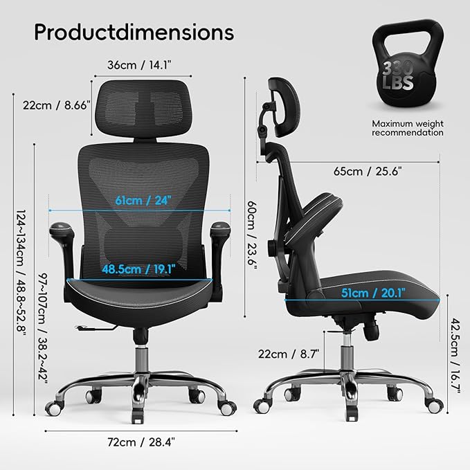 Ergonomic Office Chair-Computer X-Shaped Chair Mesh PU Leather with Adjustable Lumbar Support-Executive Desk Chair High Back with Headrest Flip-Up Arms for Long Hours (Black)