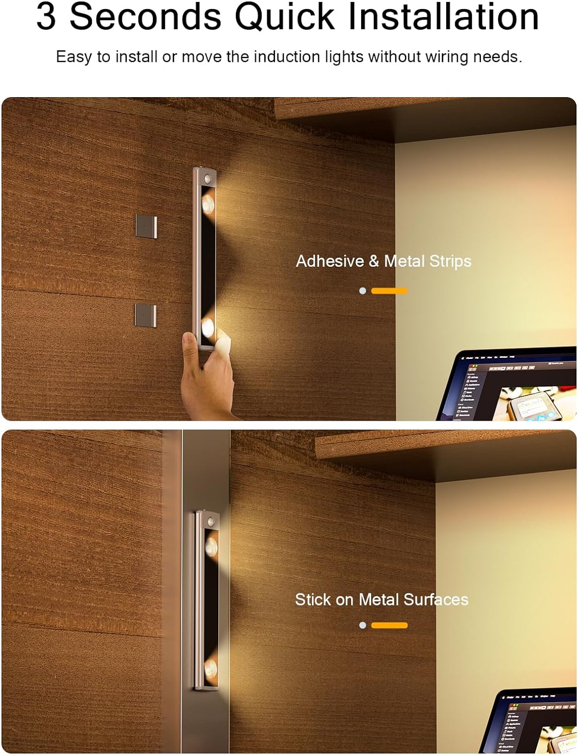 Under Cabinet Lights, Wireless Motion Sensor Light Indoor,10in LED Warm Lighting Rechargeable Battery Operated,4 Modes Night Light, Stick-On Magnetic Closet Lights for Kitchen, Hallway(2 Pack)