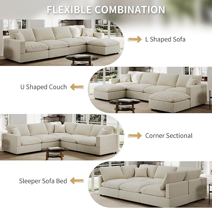 Modern Sectional Linen Couch for Living Room,4 Seat Modular Cloud Sofas,Detachable Couch Cushion Covers,Cozy Feather Down Sofa for Apartment Beige