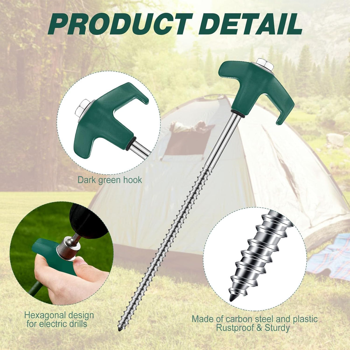 Hicarer 10 Pcs 20 Pcs 8'' Screw in Tent Stakes Heavy Duty Ground Metal Stakes for Inflatables with Hex Head Driver for Outdoor Camping Tent Inflatable Garden Decor (Dark Green)