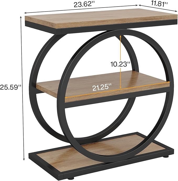 Tribesigns Side End Table with 3 Storage Shelves, Industrial Sofa Table with Round Metal Frame for Living Room, Engineered Wood Nightstand for Bedroom, Oak