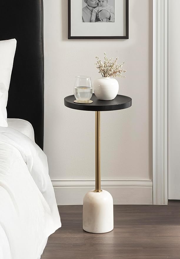 Kate and Laurel Shorrock Round Mango Wood Side Table, 12 x 12 x 24, Black, Gold, and White Marble, Modern Pedestal End Table with Marble Base for Bedroom Nightstand or Living Room Plant Stand
