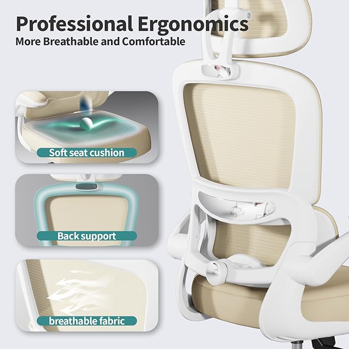 TRALT Office Chair Ergonomic Desk Chair, 330 LBS Home Mesh Office Desk Chairs with Wheels, Comfortable Gaming Chair, High Back Office Chair for Long Hours (Beige)