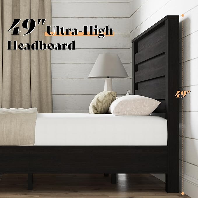 AMERLIFE Farmhouse King Size Bed Frame with 49" Fluted Headboard, Wood Platform Bed with Natural Grain, No Box Spring Needed/Noise Free, Black