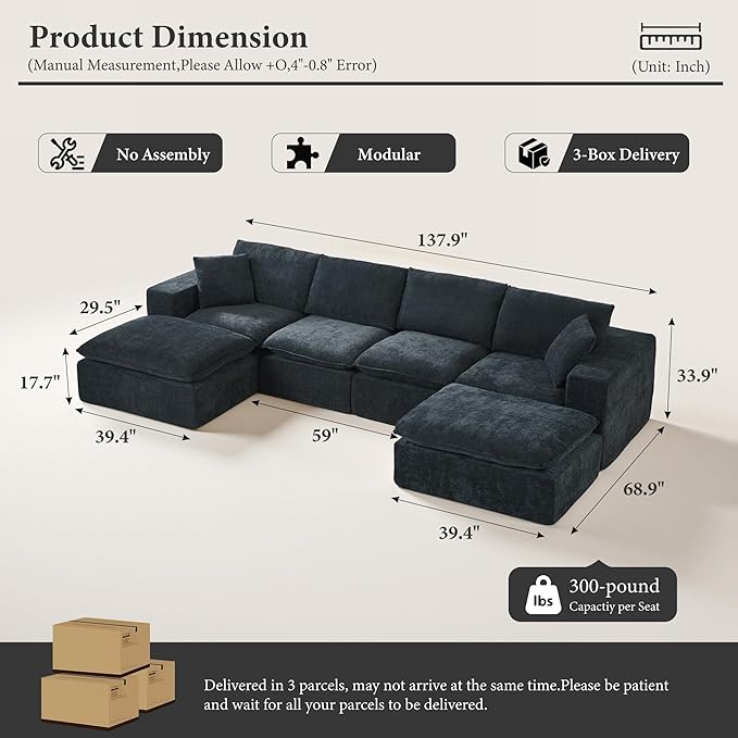 108" Sectional Couches for Living Room Boneless Couch Upholstered Cloud Couch Sectional Modular Sectional Sofa with L Shaped (Chenille-Blue, 4 Seat+2 Ottoman)