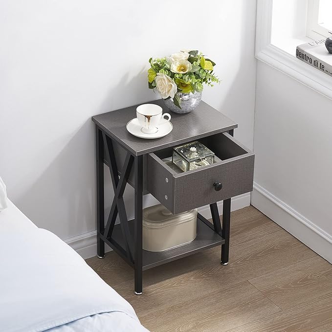 VECELO End Tables, Modern Nightstand with Drawer & Shelf, Night Stand for Bedroom Living Room,Industrial Metal Frame
