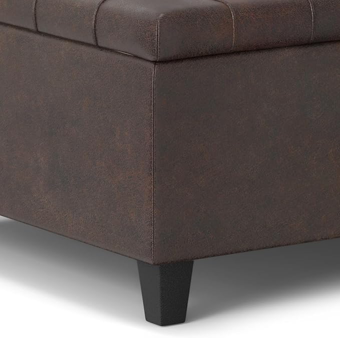 SIMPLIHOME Harrison 30 inch Wide Transitional Square Small Coffee Table Storage Ottoman in Distressed Brown Vegan Faux Leather, Assembled, for The Living Room and Bedroom