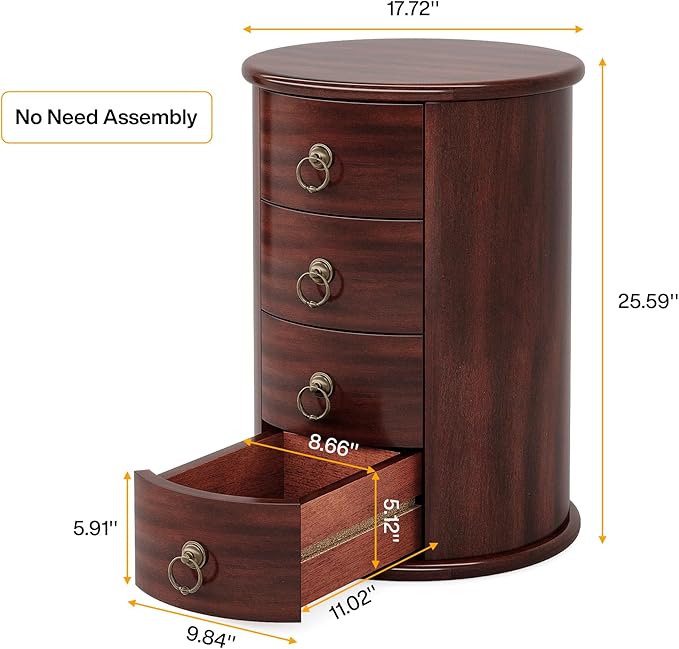 Tribesigns Solid Wood End Table, Round Side Table with 4 Drawers, Vintage Bedside Table Nightstand for Small Spaces, Living Room, Bedroom, No Assembly Required (2, Cherry Brown)