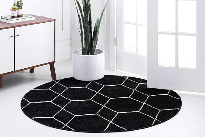 Unique Loom Trellis Frieze Collection Area Rug - Geometric (4' 1" Round, Black/ Ivory)
