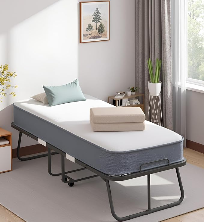 Mjkone Folding Bed with Mattress for Adults, 5 Inch Rollaway Bed for Adults, Space Saving Portable Bed with Lockable Wheels, Sturdy Metal Folded Frame and Memory Foam for Bedroom/Guest（75" x 46"）
