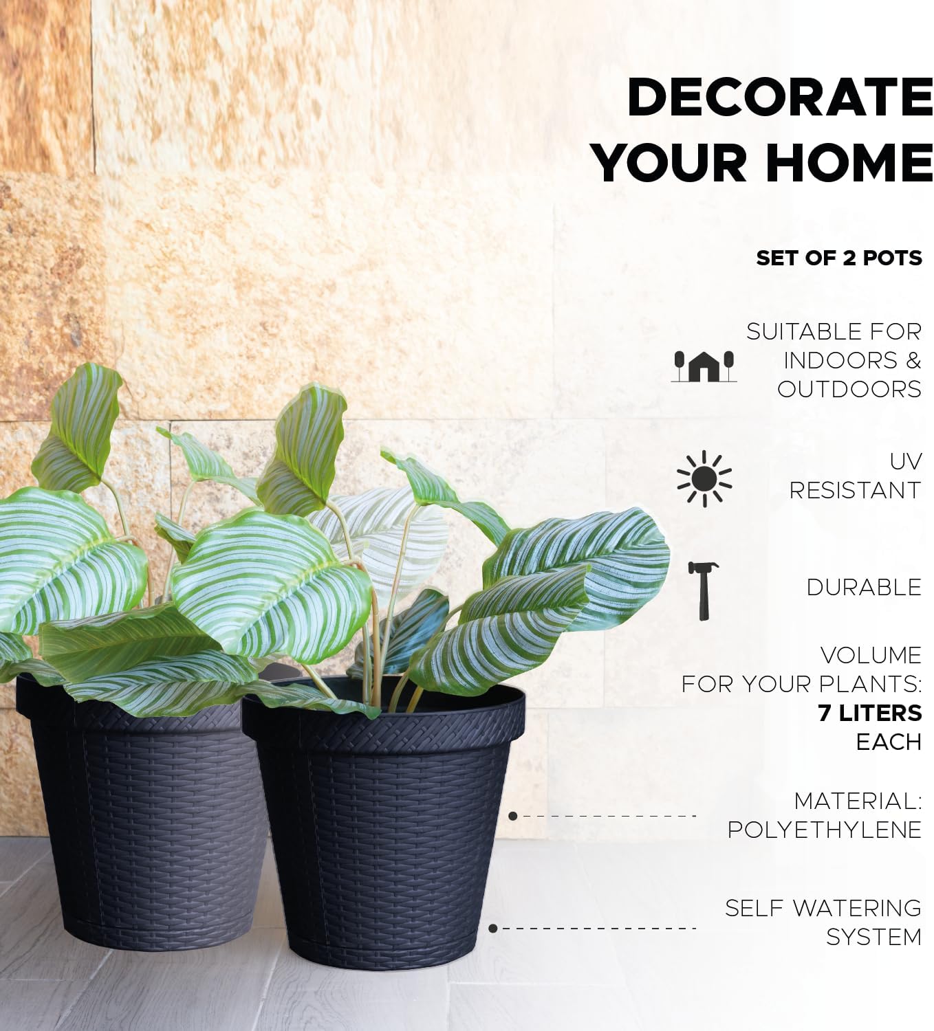 Elly Décor Set of 2 10 inch Round Saucer Modern Self Watering Planter Plates, Pots with Rattan-Like Finish, 10x10 Onix Gray