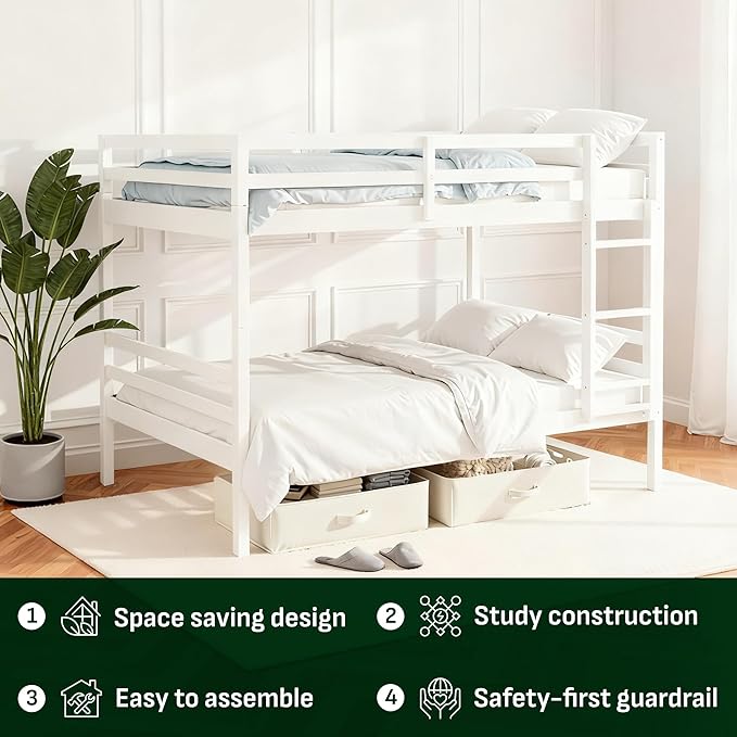 Softa Full Over Full Bunk Bed with Thick Posts,Wooden Bunk Bed with High Guardrail and Ladder for Kids, Teens, Dorm Rooms, and Guest Rooms,No Box Spring Needed,White