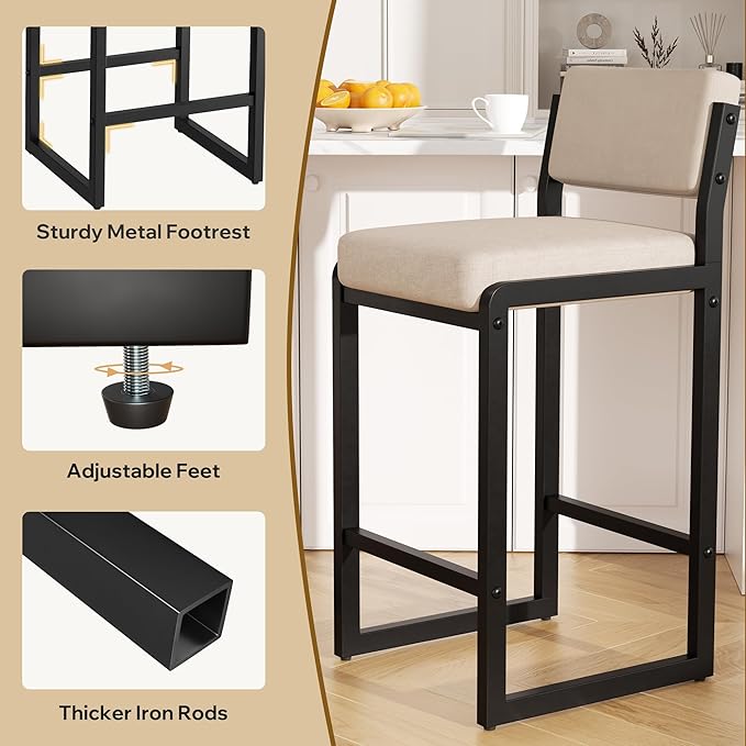 Bar Stools Set of 2, Fabric Counter Height Bar Stools with High Back and Metal Legs, Upholstered Bar Chairs, 26" Modern Barstools for Kitchen Island, Camel