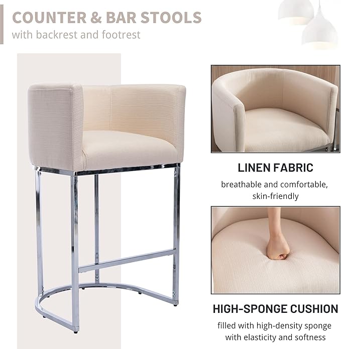 Contemporary Cream Linen Bar Stools Set of 2, 29" Upholstered Fabric Counter Height Barstools Kitchen Counter Island Stools with Screwed Together Chrome Finish Base
