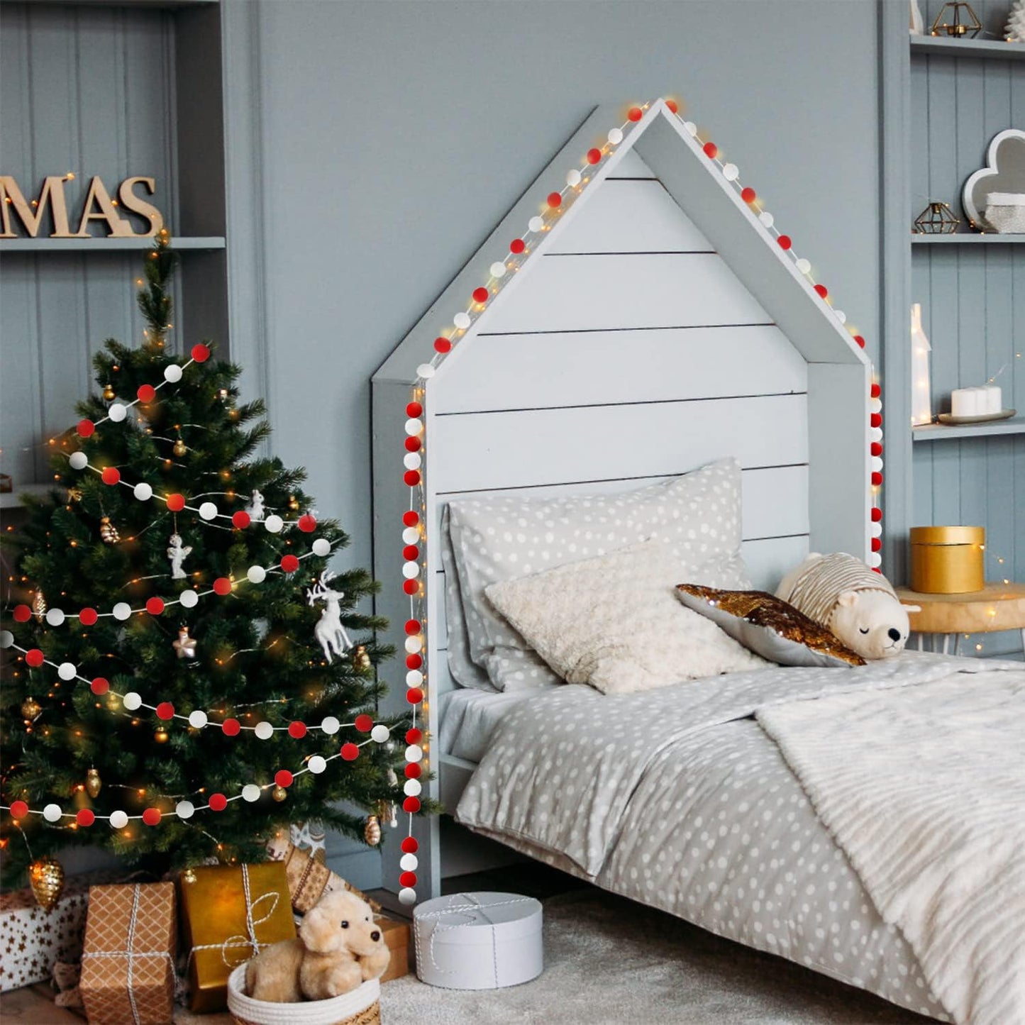 Jishi 3-Pack Pom Pom Garland Red and White Felt Ball Ornament Garland Christmas Decorations, Cute Pompom Strings for Christmas Tree Decor, Xmas Holiday Party, Birthday Banner - 6.6 Feet Long, 24 Balls