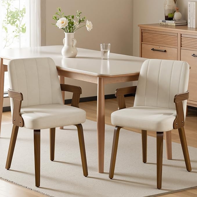Kitchen Dining Chairs Set of 2, Faux Leather Upholstered Dining Room Chairs with Wood Arms and Legs, Mid Century Modern Kitchen Side Chair for Living, Bedroom, Restaurant, Walnut/Beige