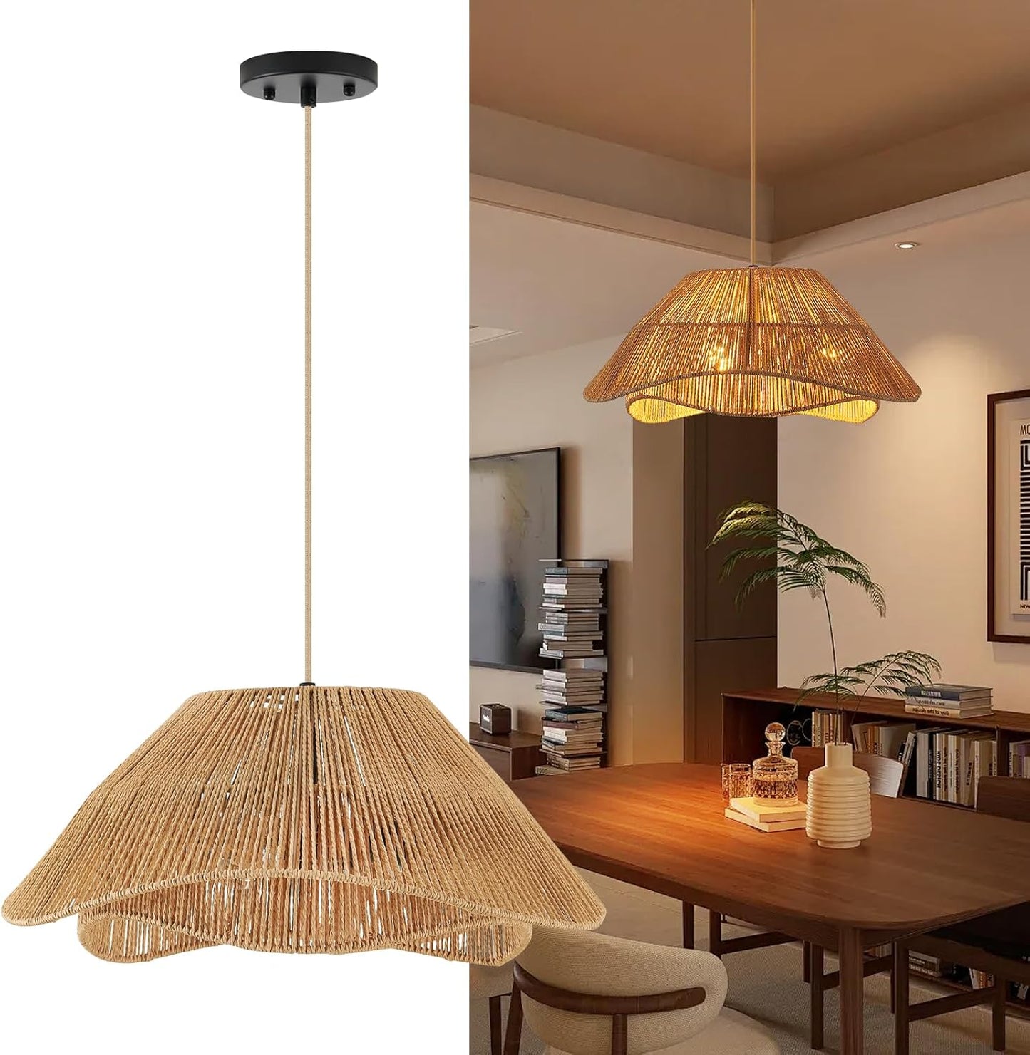 19.68" Rattan Pendant Light Fixture, 3-Light Boho Hanging Light Fixture Ceiling Mount, Bohemian Woven Wicker Flush Mount Hanging Lamp, Adjustable Rattan Chandelier for Kitchen Island Hallway