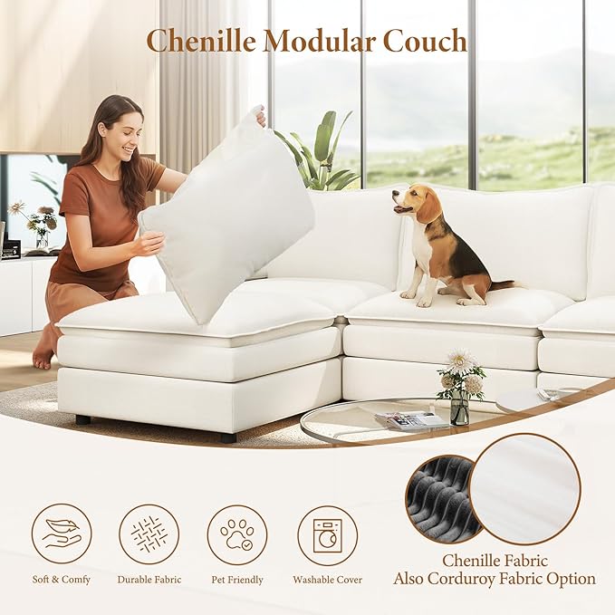Vesgantti 142" Oversized Sectional Sofa Bed, 8-Seater Modular Sleeper Cloud Couch with Movable Ottoman, Chenille Convertible Sofa Set Deep Seat Couches for Living Room, Bedroom and Apartment, White