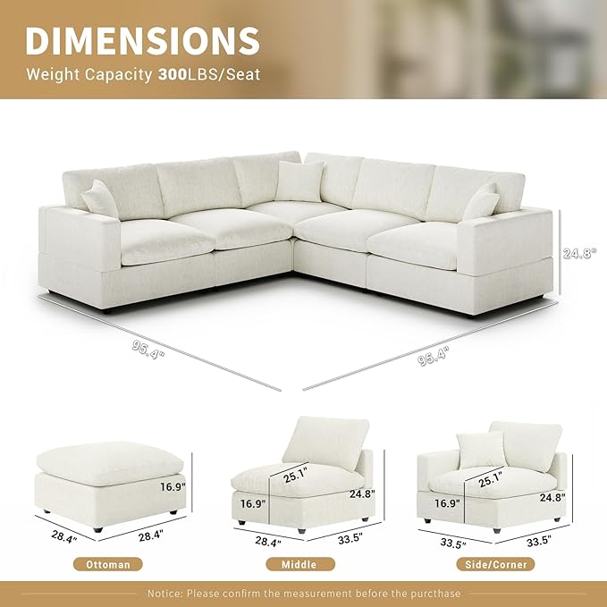Modern Sectional Linen Couch for Living Room V-Shape Sofas,5 Seat Modular Cloud Sofas,Couches Cushion Covers Removable,CozyFeather Down Sofa for Apartment Cream White