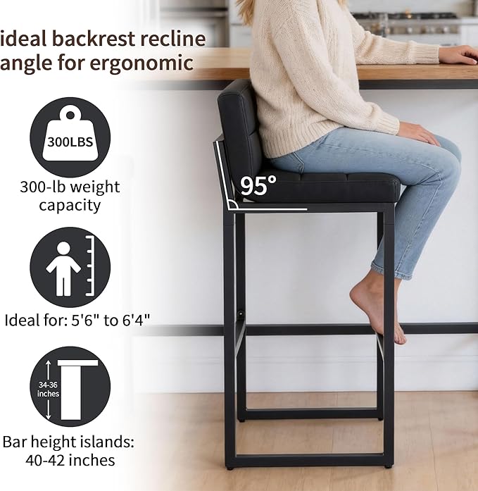 Bar Stools Set of 3, PU Leather Bar Height Barstools, 30" High Top Bar Stools with Back and Thickened Metal Legs, Upholstered Island Chairs for Kitchen Island (Black, 3Pcs 30" Bar Stools)
