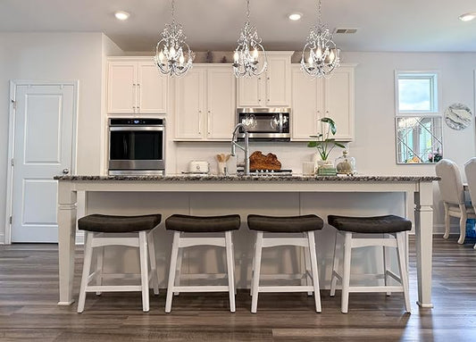 ALPHA HOME Bar Stools Set of 4, Solid Wood Saddle Kitchen Stools with Grey PU Leather Cushion Counter Height Barstools with Wooden Base for Kitchen Dining Cafe, 24 Inch, Grey, 4PCS