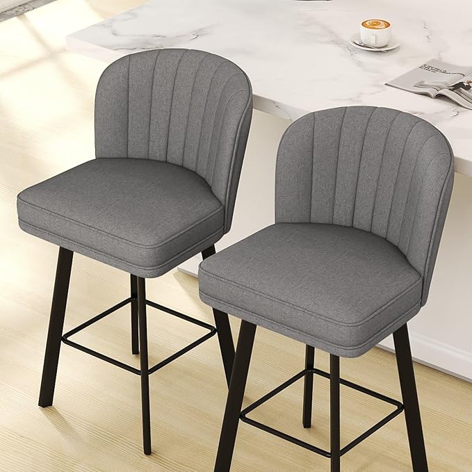 Swivel Counter Height Bar Stools Set of 2, 30'' Modern Barstools with Backs and Metal Legs, Upholstered Bar Chairs,Mid-Gray,Fabric Stools for Kitchen Island Chairs