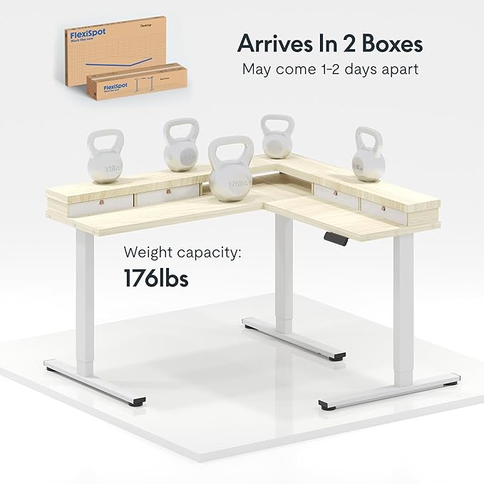 FLEXISPOT 63" L Shaped Standing Desk with Shelf Electric Corner Table, Drawers, Adjustable Computer Workstation for Home, Office,USB Charging Port, 63x55in, Light Maple Top + White Frame