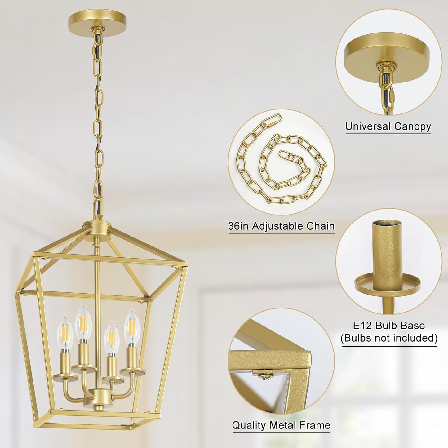 4 Light Gold Chandelier, Industrial Ceiling Light Lantern Light Fixtures with Farmhouse Metal Cage Adjustable Height Rustic Geometric Hanging Light E12 Base for Kitchen Island, Entryway, Indoor