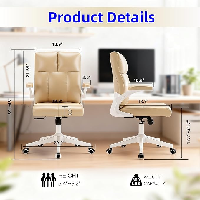 Ergonomic Home Office Desk Chair with Space Saving Flip-Up Arms, 360° Swivel & Reclining Back, High-Back Executive Chair in Soft Faux Leather Chair Multi-Angle from 90° to 135°
