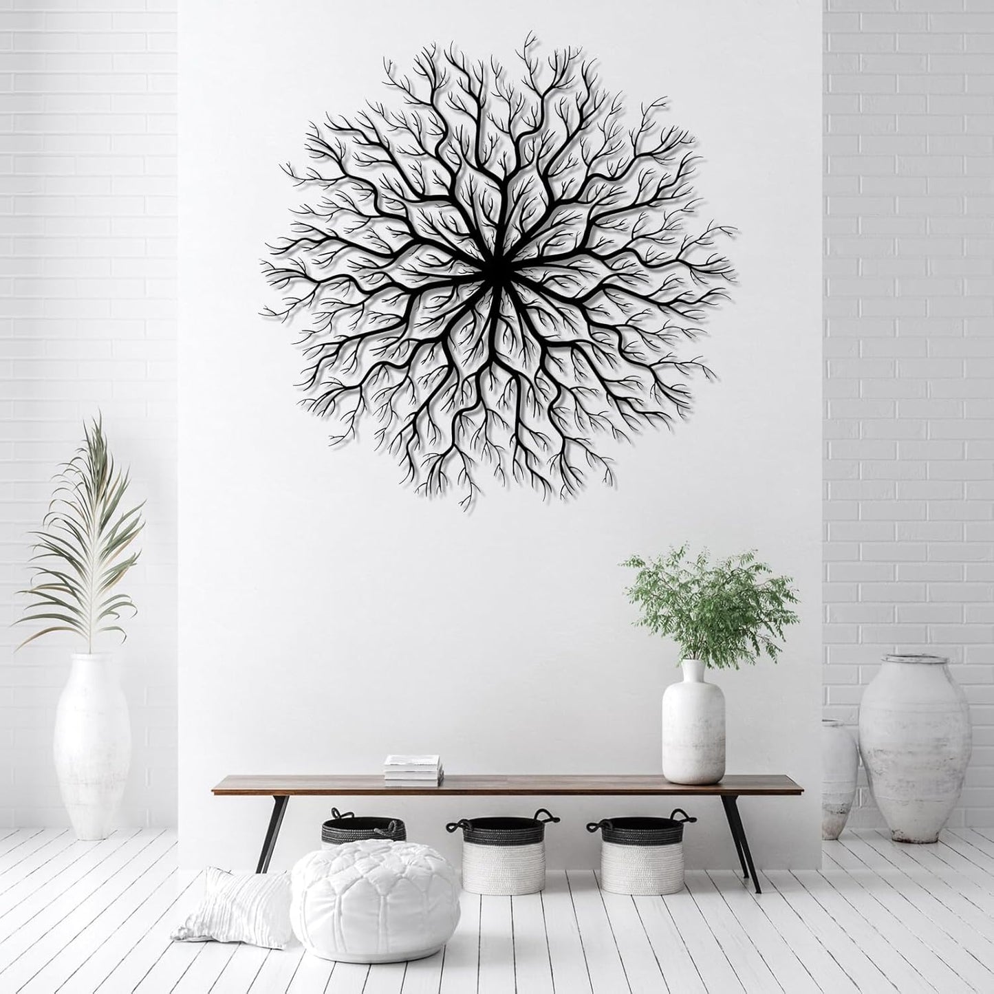 Tree of Life Metal Wall Art, Metal Tree Wall Art, Large Round Sculpture, Round Branch Wall Decor, Large Branch Artwork, Nature Sign, Wall Decor for Living Room, Housewarming Gift (White, 24"x24"|60x60cm)