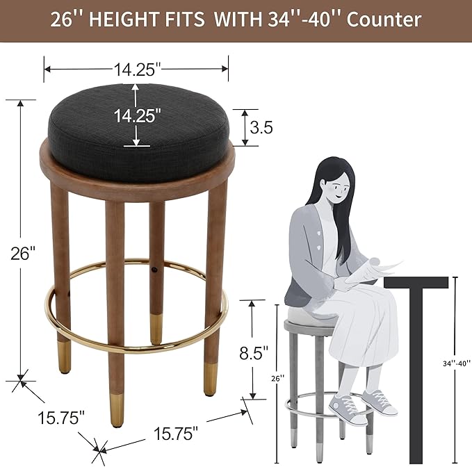 26’’ Rustic Backless Bar Stools with Hardwood Legs, Counter Height Stools Set of 4, Round Kitchen Barstools for Kitchen Island, Farmhouse Charcoal Linen Upholstered Wooden Stools with Footrest