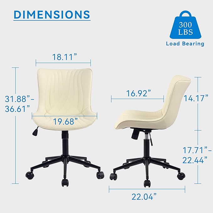 YOUNIKE Office Chair, Armless Desk Chair with Wheels, Adjustable Swivel Home Office Computer Task Chairs, Modern Faux Leather Padded Vanity Chair with Back, Beige