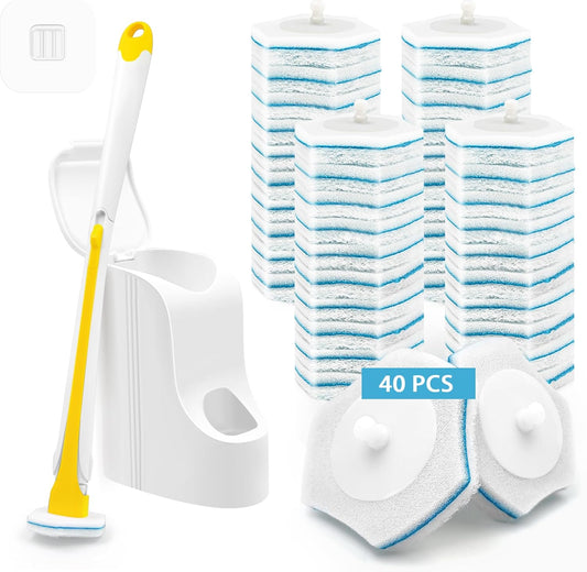 JEHONN Disposable Toilet Brush with 40PCS Wand Cleaner Refills, Wall Mounted Toilet Bowl Brush Holder Set, Bathroom Cleaning System for Sink Bathtub Wash Basin (Yellow)