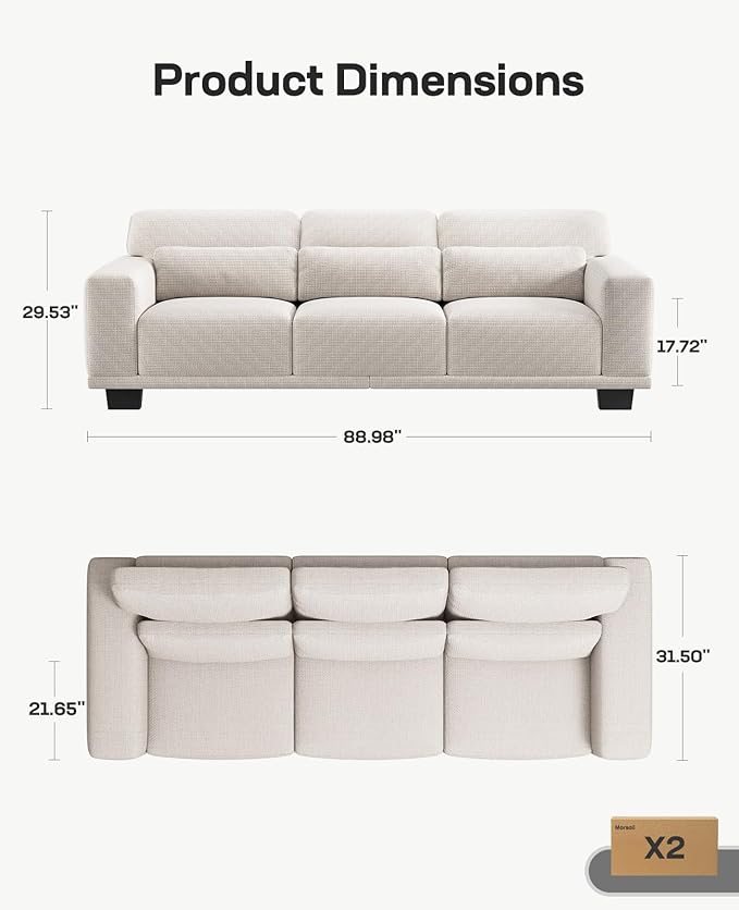Marsail Modern 89 Inch Linen Fabric Sofa, 3-Seater Couch with Wide Armrests, Deep Cushions & Removable Washable Covers, Comfortable Living Room Furniture, Beige