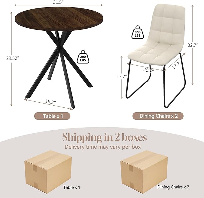 31.5" Round Dining Table Chairs Set for 2, Small Dining Table Chairs Set Space-Saving, Small Dinette Sets for 2 for Kitchen Dining Room Apartment(Walnut Table + Beige Chairs)