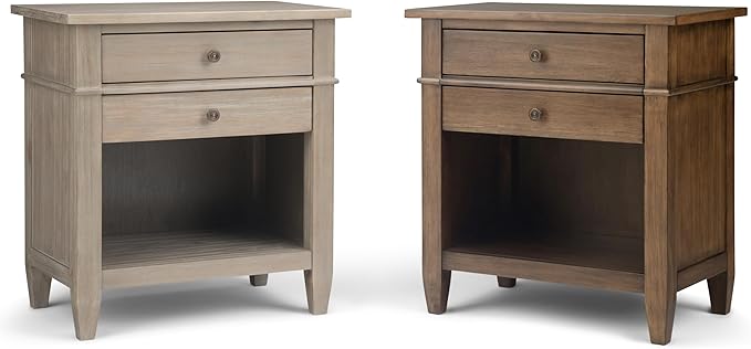 SIMPLIHOME Carlton Bedside Table - 24 inch Wide Solid Wood Nightstand Table in Rustic Natural Aged Brown, Transitional Bedroom Side or End Table with 2 Drawers, Open Storage Shelf and Bronze Hardware