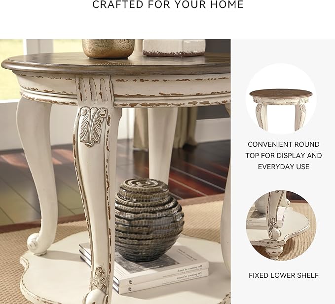 Signature Design by Ashley Realyn Cottage Style Round End Table, Fixed Lower Shelf, Antiqued 2-tone, Finish, Wood, 26" W x 26" D x 25.88" H, White and Brown